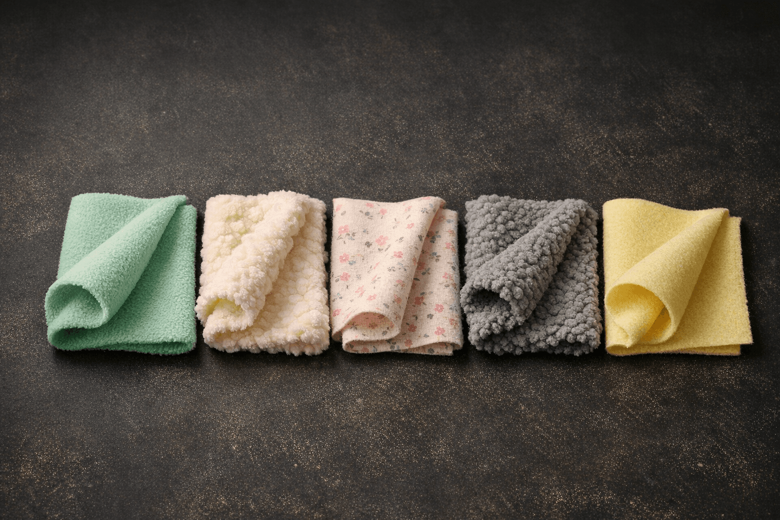 Five small fabric swatches arranged in a neat row